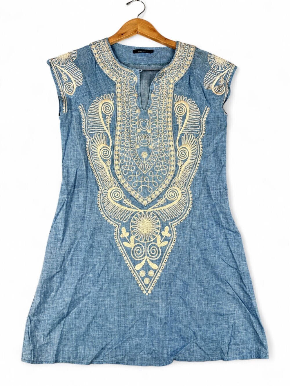 Theme Embroidered Chambray Midi Dress Blue Boho Cap Sleeve Size L